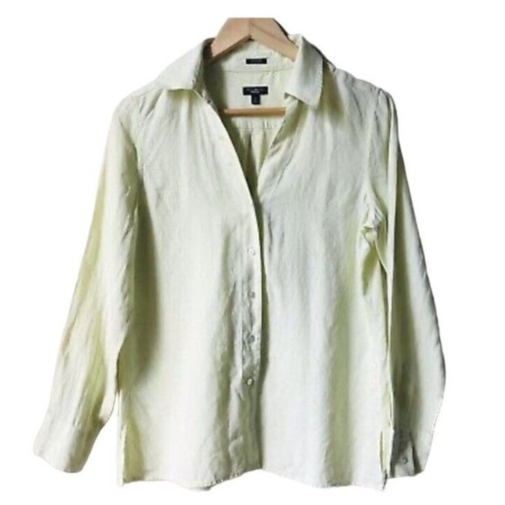 Talbots 100% Irish Linen Button Down Top Yellow Green Womens Size Petite 14